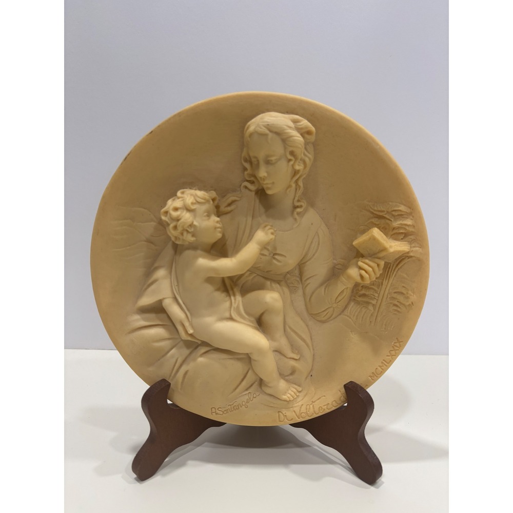 A. Santangela Di Volteradici Alabaster Plate 1979 Madonna Child Relief Italy 8.5